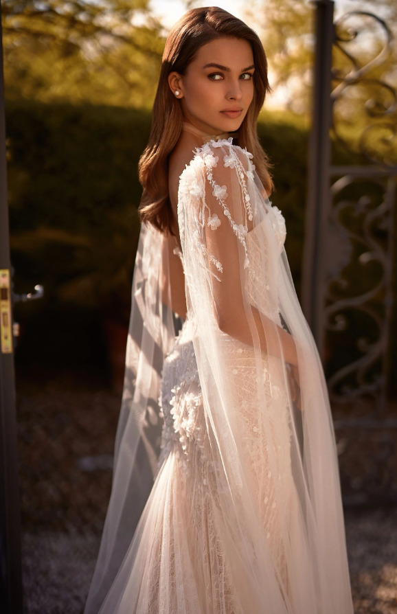 Bluebell 08279 Mermaid Wedding Dress – 3D Floral Lace Gown with Strapless Corset, Chantilly Underlay & Removable Sleeves